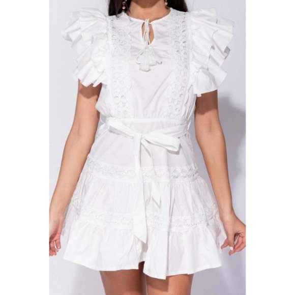 White Lace Trim Short Frill Sleeve V-Neck Tiered Mini Dress - Picture 11 of 16